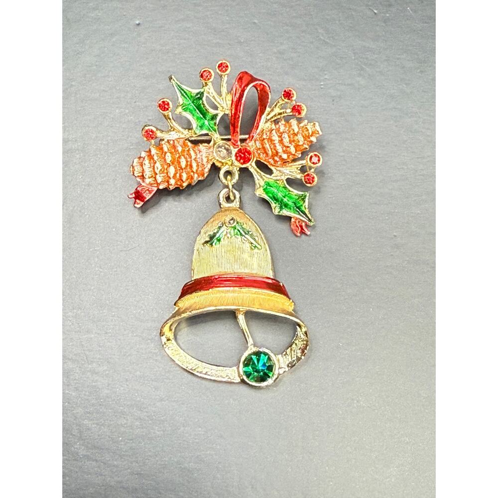 1970s B.J. Christmas Bell Brooch Gold-Tone Metal Red & Green Accents & Stones
